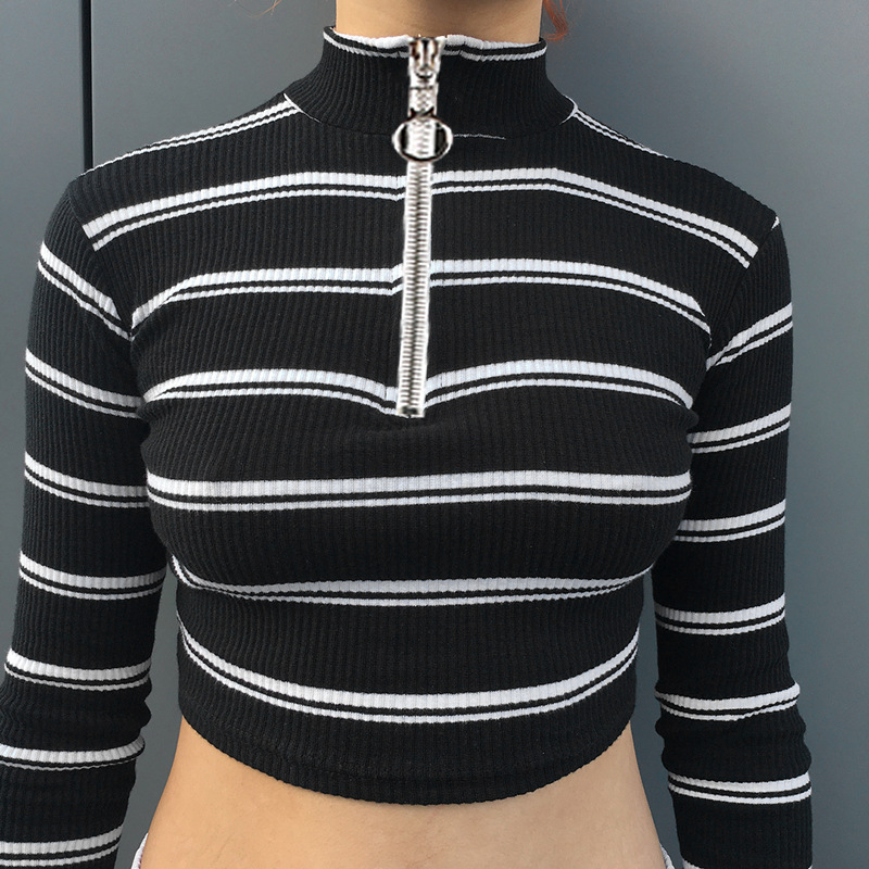 White Stripes Black Ribbed Knit Mock Neck Long Sleeves Crop Top Featuring Zipper Front 