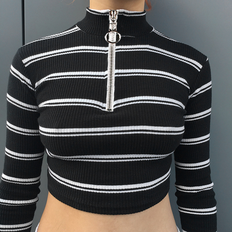 White Stripes Black Ribbed Knit Mock Neck Long Sleeves Crop Top Featuring Zipper Front