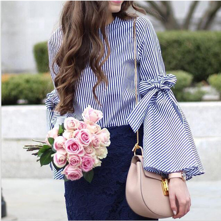 Stripes Crew Neck Bow Knot Accent Long Flared Sleeves Blouse