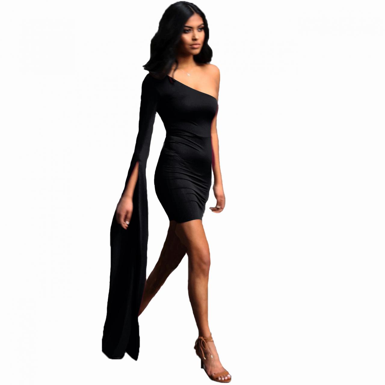 One Shoulder Super Long Sleeves Short Bodycon Party Dress