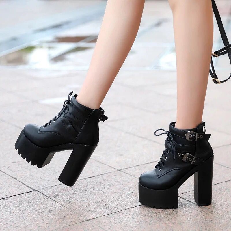 Lace up Chunky Heel Platform Super High Heels Ankle Martin Boots on Luulla