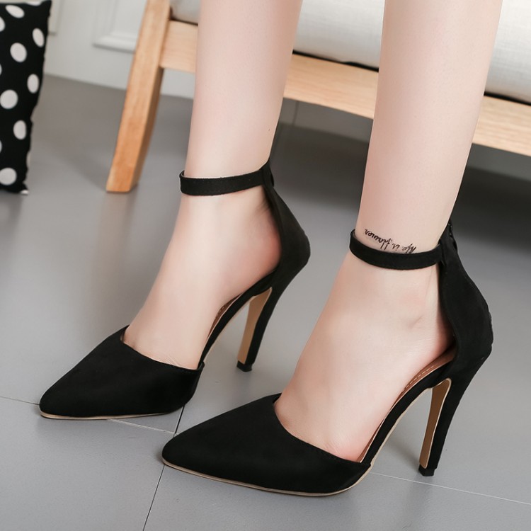 Faux Suede Pointed-toe Ankle Strap High Heels Featuring Zipper Back