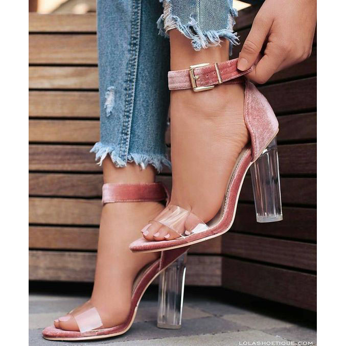 Transparent Chunky Heel Peep toe Ankle Strap High Heel Pumps