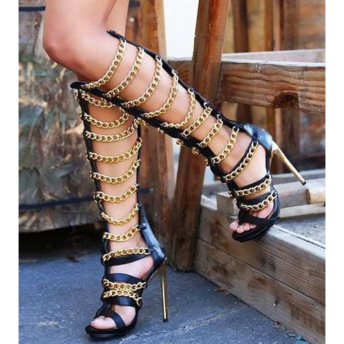 Gold Chain Open Toe Zipper Stiletto High Heel Long Boot Sandals