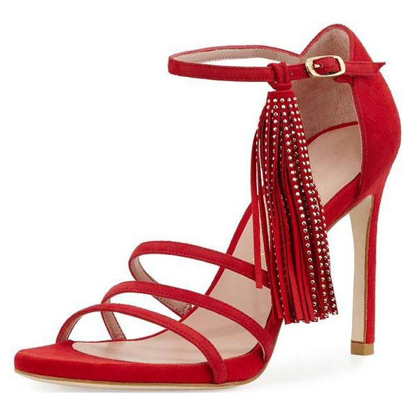 Tassels Suede Simple Ankle Strap High Heel Red Women's Sandals