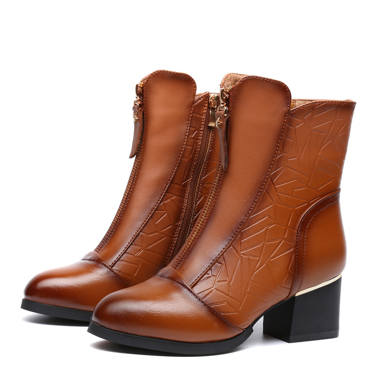women's trendy vintage leather patchwork chunky calf boots
