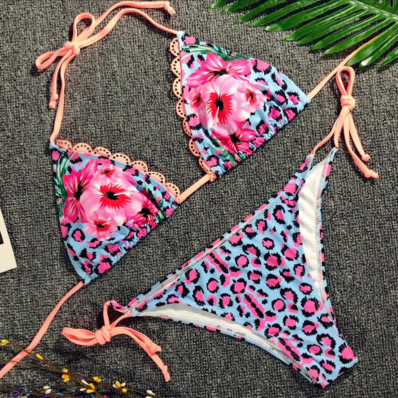 Flower Leopard Print Spaghetti Straps Lace-up Two Pieces Swimwear Bikini