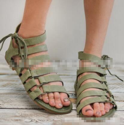 Lace-up Straps Pure Color Open-toe Women Flat Sandals With Plus Size