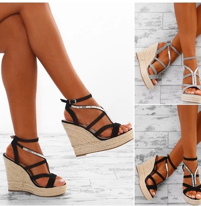 Women Wedge Sandals Simple Style Straps Slope Heel Pure Color Peep-toe Ankle Strap