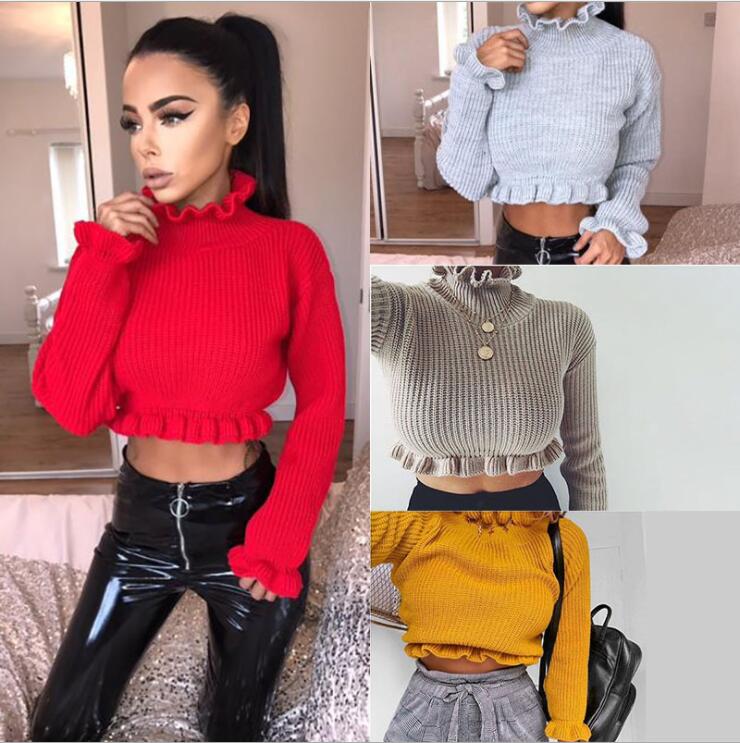Ruffles Edge Turtleneck Solid Color Women Pullover Cropped Sweater