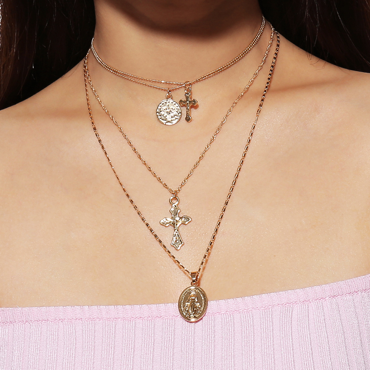 Stylish Multi-tiered Notre Dame Cross Pendant Necklace