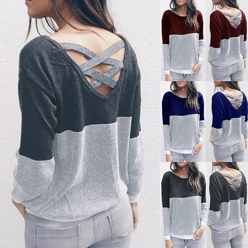 Patchwork Scoop Open Back Strap Cross Women Pullover Sweater