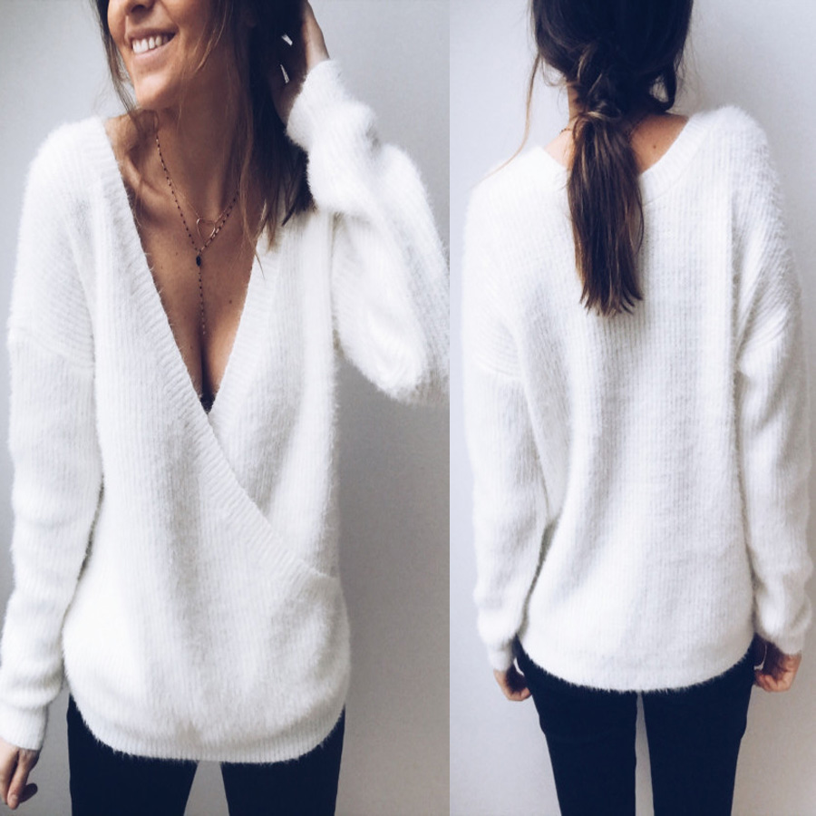 Deep V neck Solid Color Women Pullover Wrap Sweater on Luulla