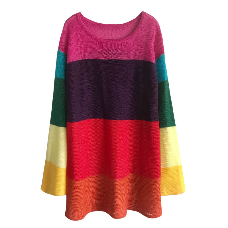 Color Block Rainbow Long Trumpet Sleeves Loose Knit Sweater