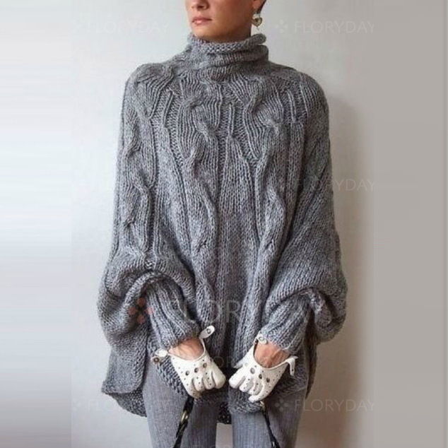 Turtleneck Cable Knit Long Batwing Sleeves Irregular Oversized Cloak Pullover Sweater on Luulla