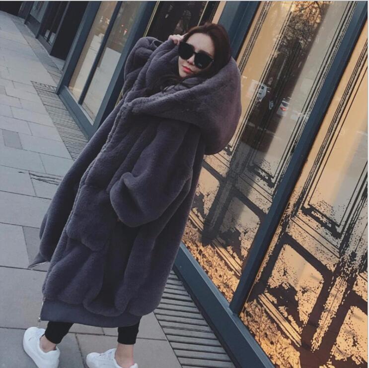 Warm Faux Rabbit Fur Solid Color Women Oversized Hooded Teddy Coat