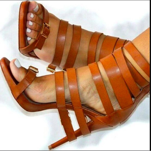 Brown Buckle Cutout Leather High Heel Sandals