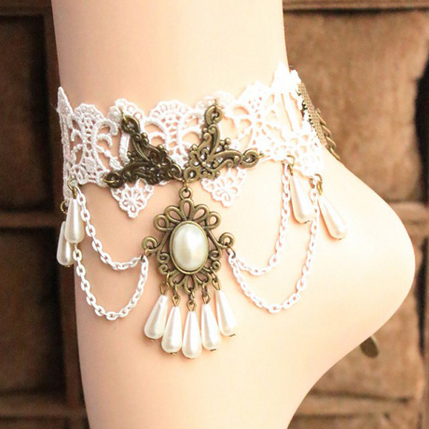 Free Shipping Exquisite Hollow Lace Design Beading Anklets with Chain