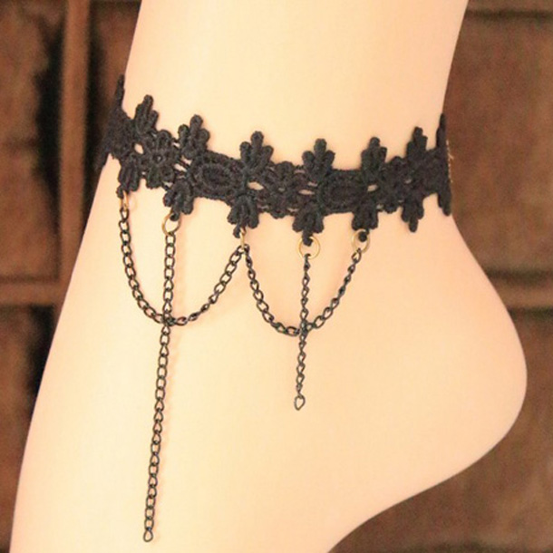 Free Shipping Vintage Hollow Lace Black Anklets with Chain