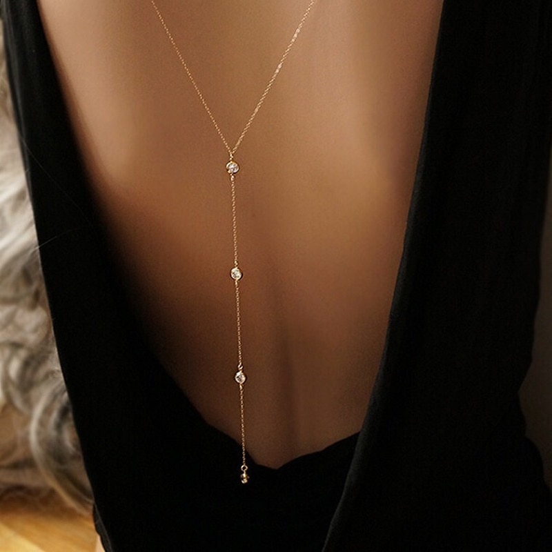 Long Crystal Wedding Accessories For Women's Elegant Back Chain Beach Sexy Necklace