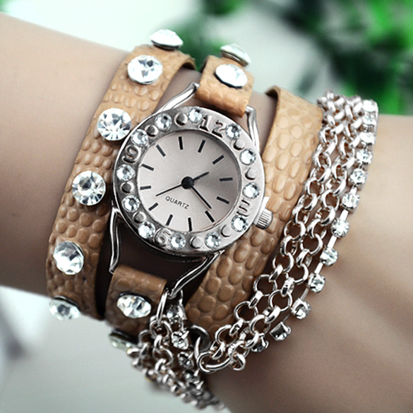 Rhinestone Synthetic Leather Silver Sling Chain Quartz Wrist Watch on ...