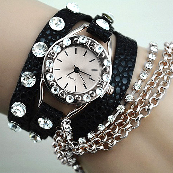Rhinestone Synthetic Leather Silver Sling Chain Quartz Wrist Watch