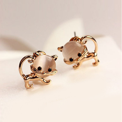 Pair Of Sweet Faux Opal Embellished Kitten Earrings For Women