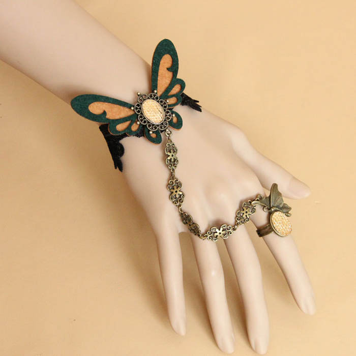 Butterfly Embellished Lace Strand Bracelet With Ring For Women
