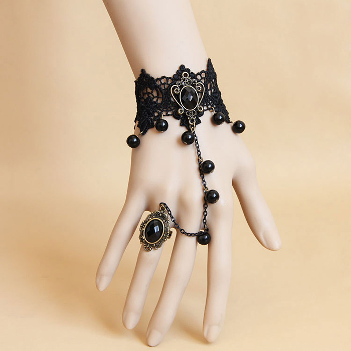 Chic Beaded Pendant Lace Charm Bracelet With Ring For Women