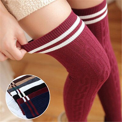 Women's Top Sexy Sweet Solid Color Knit Cotton Breathable Over The Knee Long Striped Thigh High Stocking High Elastic Underwear