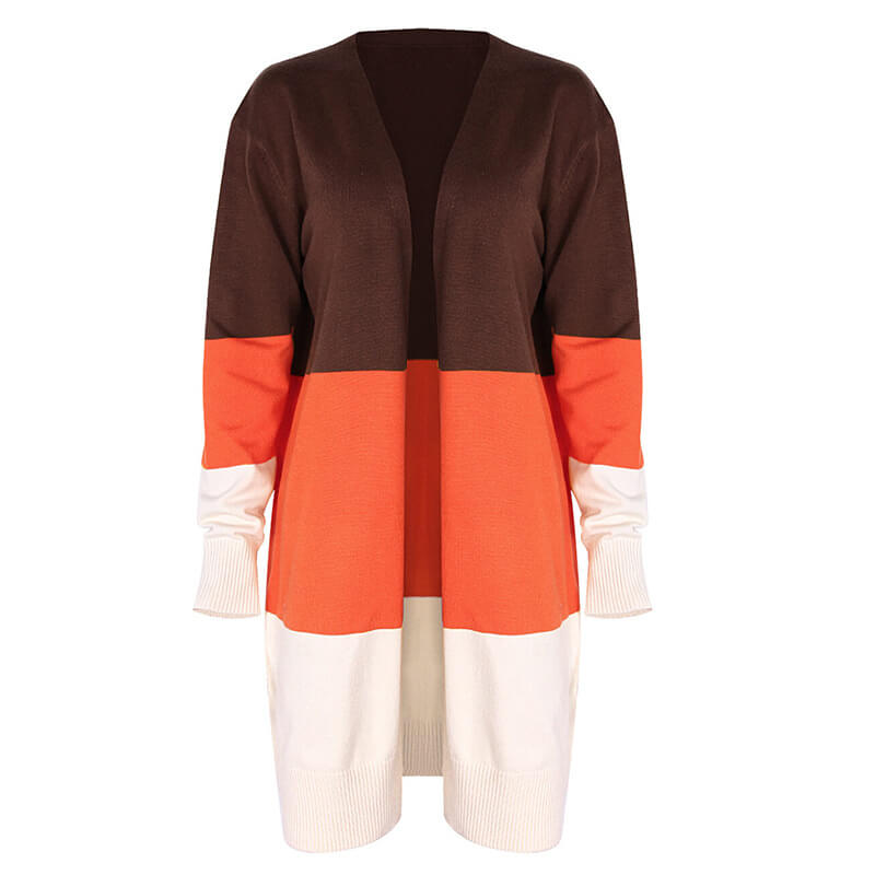 Orange Colorblock Open Front Knitted Long Cardigan