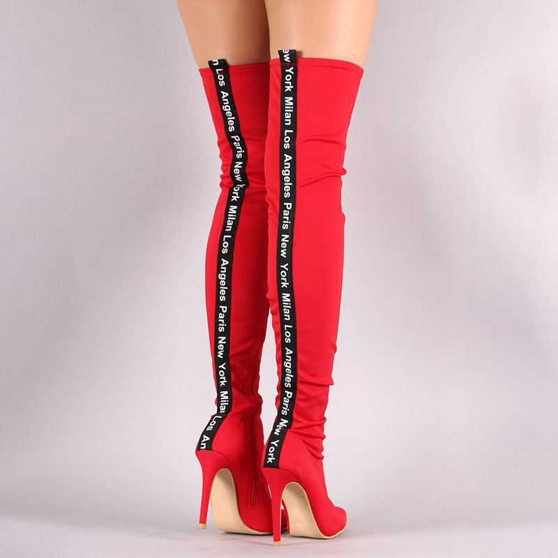 Sexy Candy Color Stretch Stripes High Heel Over Knee Boots on Luulla