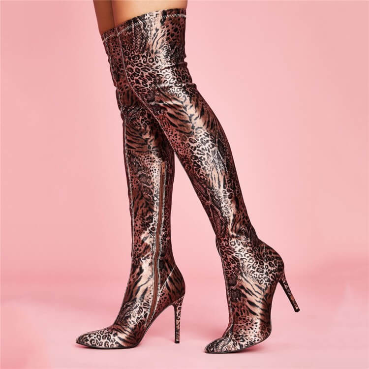 Leopard Party Stretch Print Point Toe Zipper Over Knee Boots