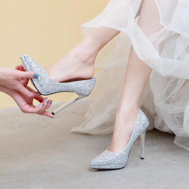 Silver Wedding Sequin Point Toe Slip-on Pumps