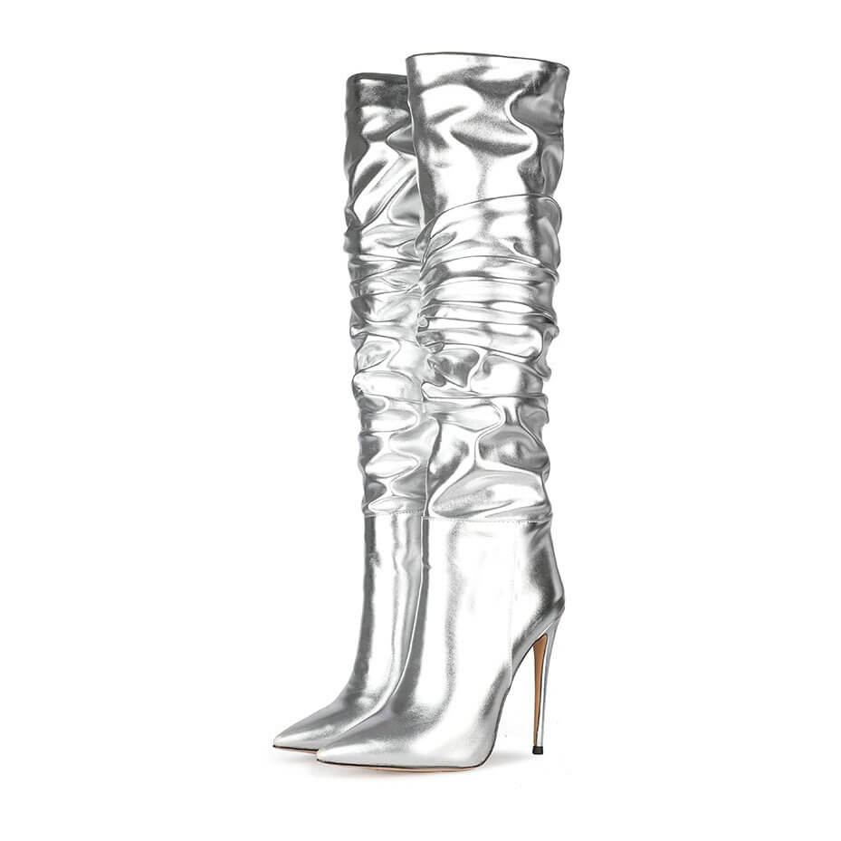 Silver Fashion Pu Point Toe Fold High Heel Knee High Boots