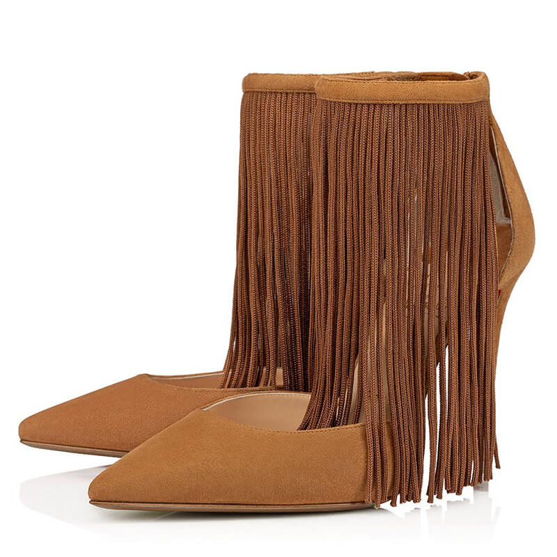 Sexy Brown Suede Point Toe Fringe Buckle High Heels