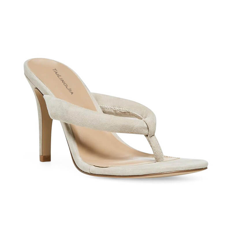 Sexy Nude Suede Thong High Heel Mule Sandals