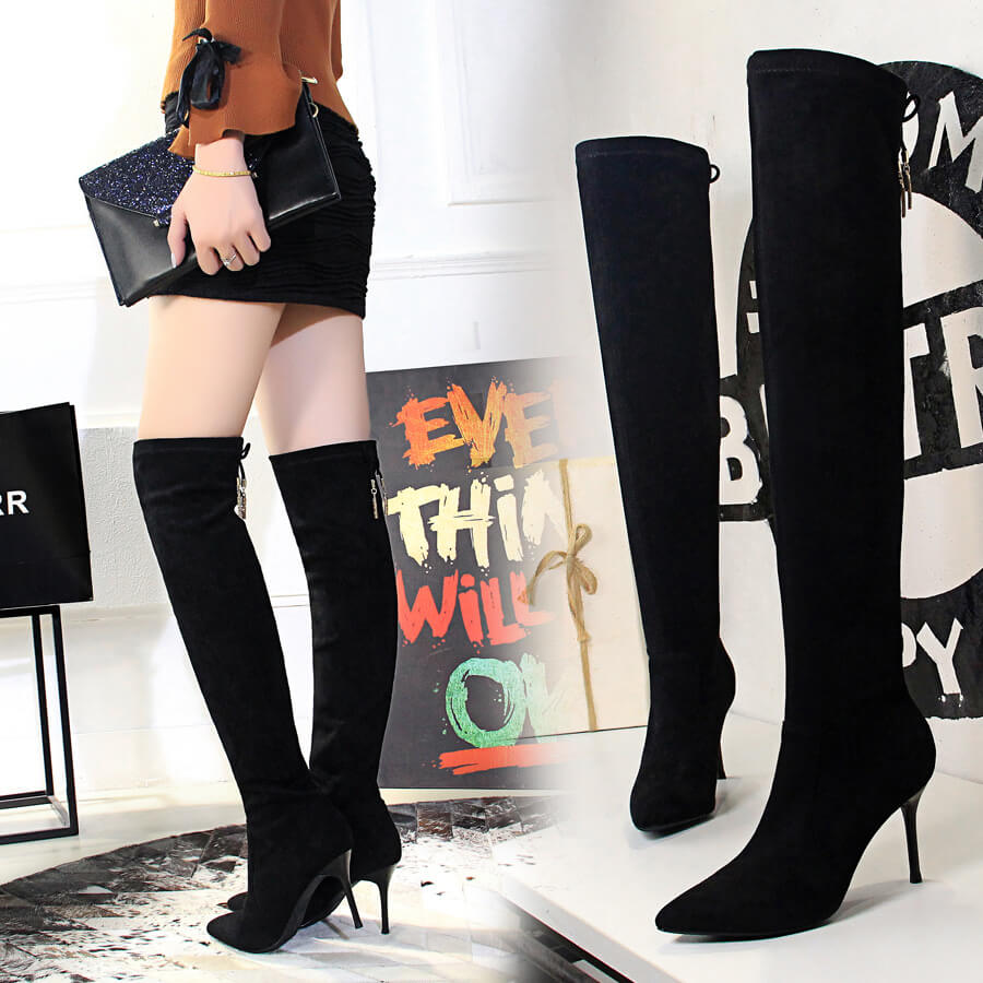 Simple Black Inside Suede Point Toe High Heel Over Knee Boots