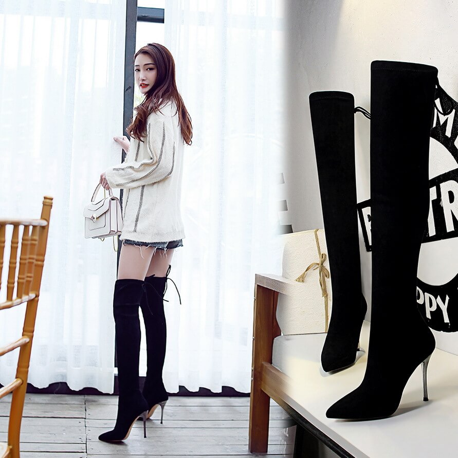 Black Inside Suede Point Toe Strap High Heel Over Knee Boots