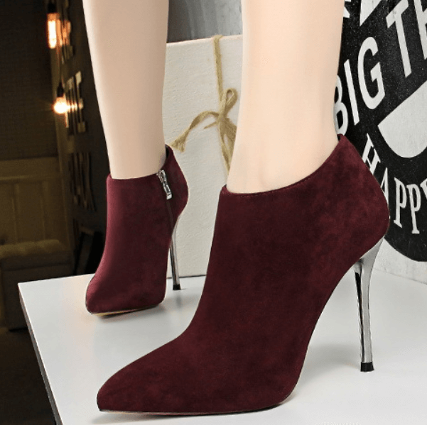Wine Red Winter Suede Point Toe Zipper High Heel Ankle Boots