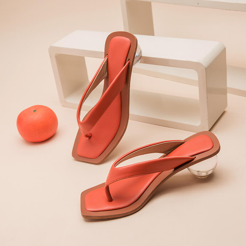 Orange Pu Thong Square Toe Special Shaped Heel Sandals