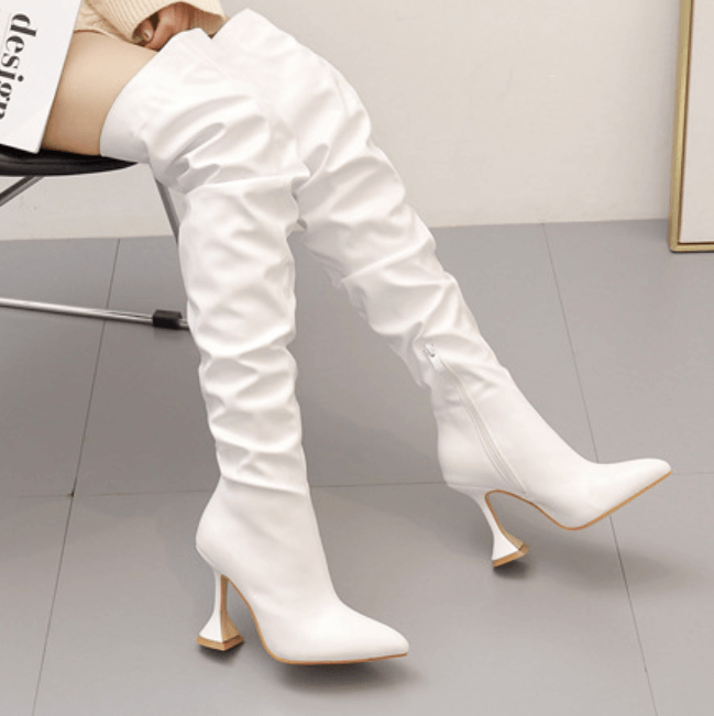 White Sexy PU Point Toe Plain High Heel Over Knee Boots