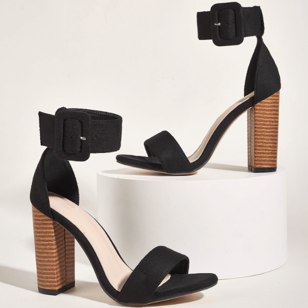 Sexy Black Plain Suede Chunky Heel Buckle Sandals