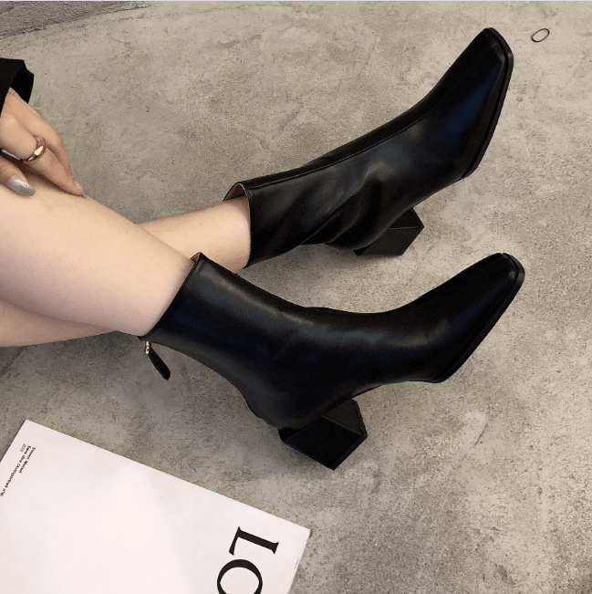 Black Leather Square Toe Chunky Heel Zipper Calf Boots