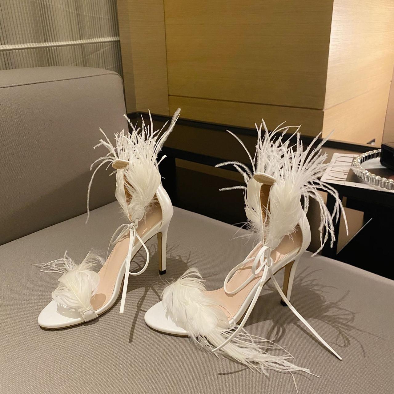 feathered high heel sandals
