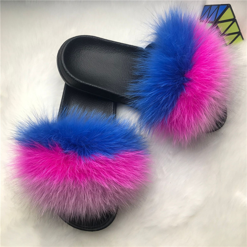 Color Matching Large Fur Real Natural Fox Fur Slides Colorful Fluffy Fur Slides Sandals Slippers Fashion Women Shoes-2