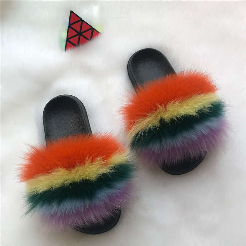 Color Matching Large Fur Real Natural Fox Fur Slides Colorful Fluffy Fur Slides Sandals Slippers Fashion Women Shoes-7