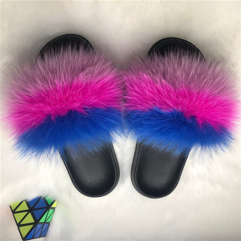 Color Matching Large Fur Real Natural Fox Fur Slides Colorful Fluffy Fur Slides Sandals Slippers Fashion Women Shoes-8