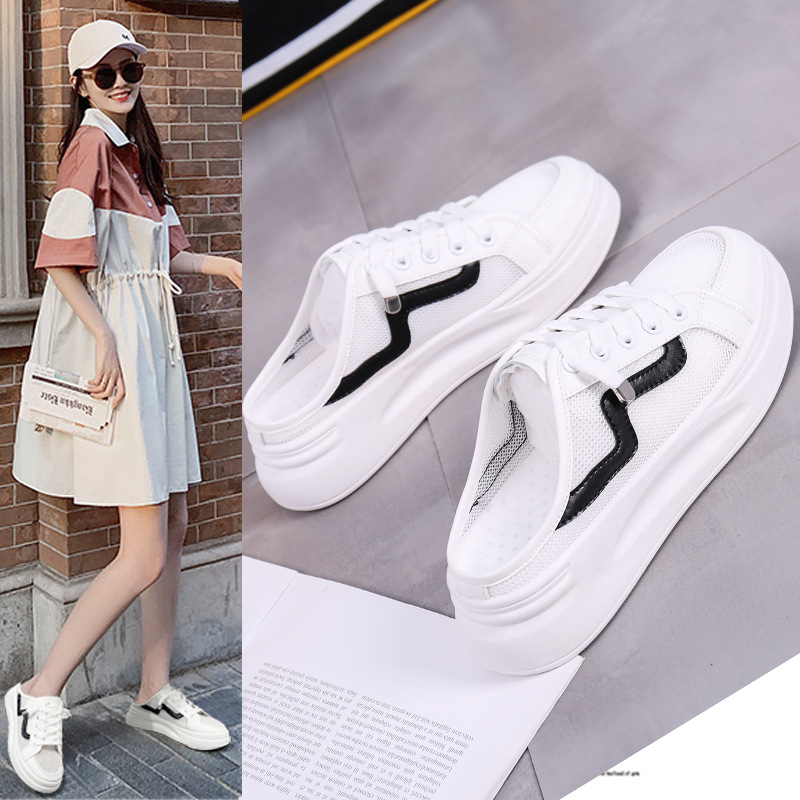 Mesh Thick Soled Shoes Wear Spring White Shoes Women's Casual Shoes Half Slippers-black