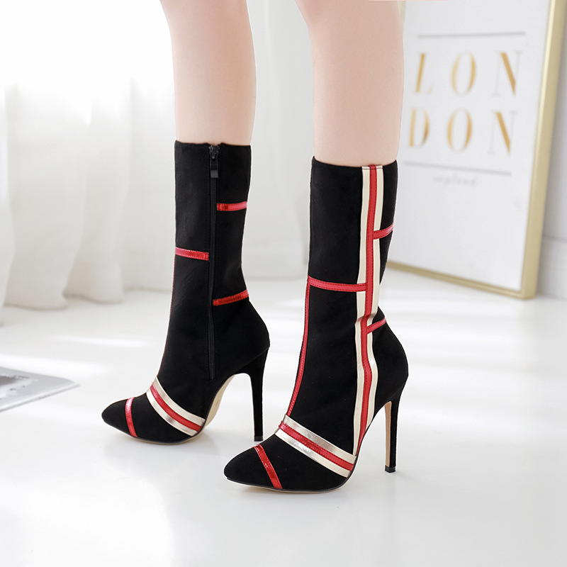 Color Matching Fashion Suede Thin High Heel Medium High Boots-black